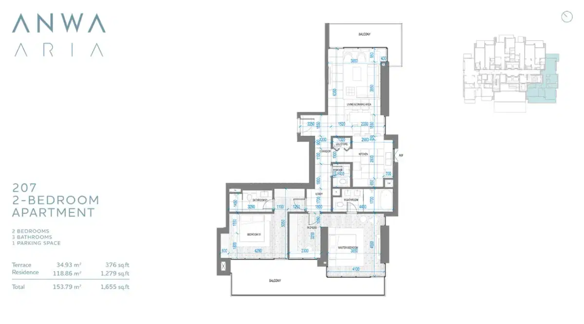 Anwa Aria Dubai 2 BR Floor Plan 1,655 Sq. Ft.