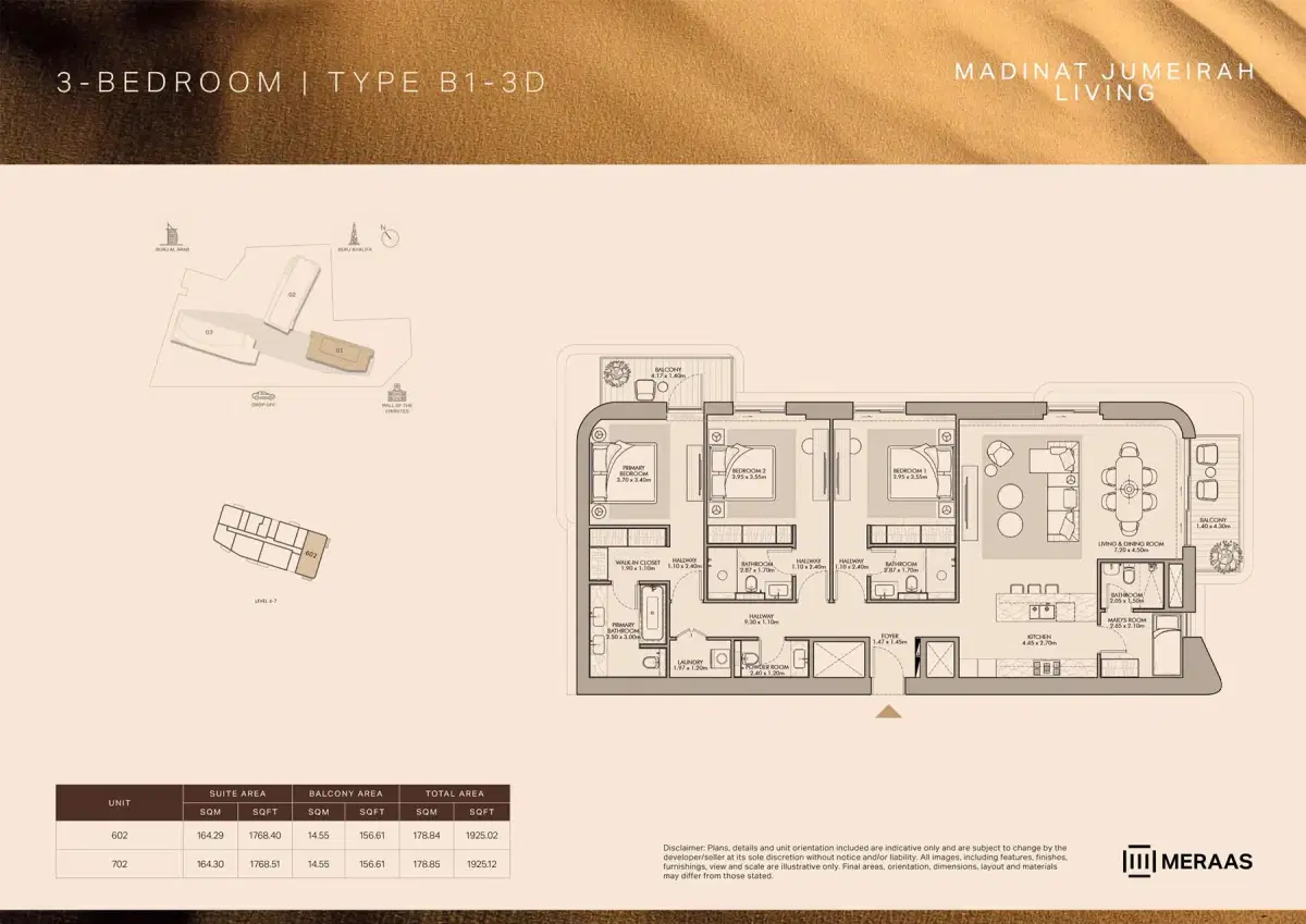 Nourelle at Madinat Jumeirah Living Dubai 3 BR Floor Plan 1,925 Sq. Ft.