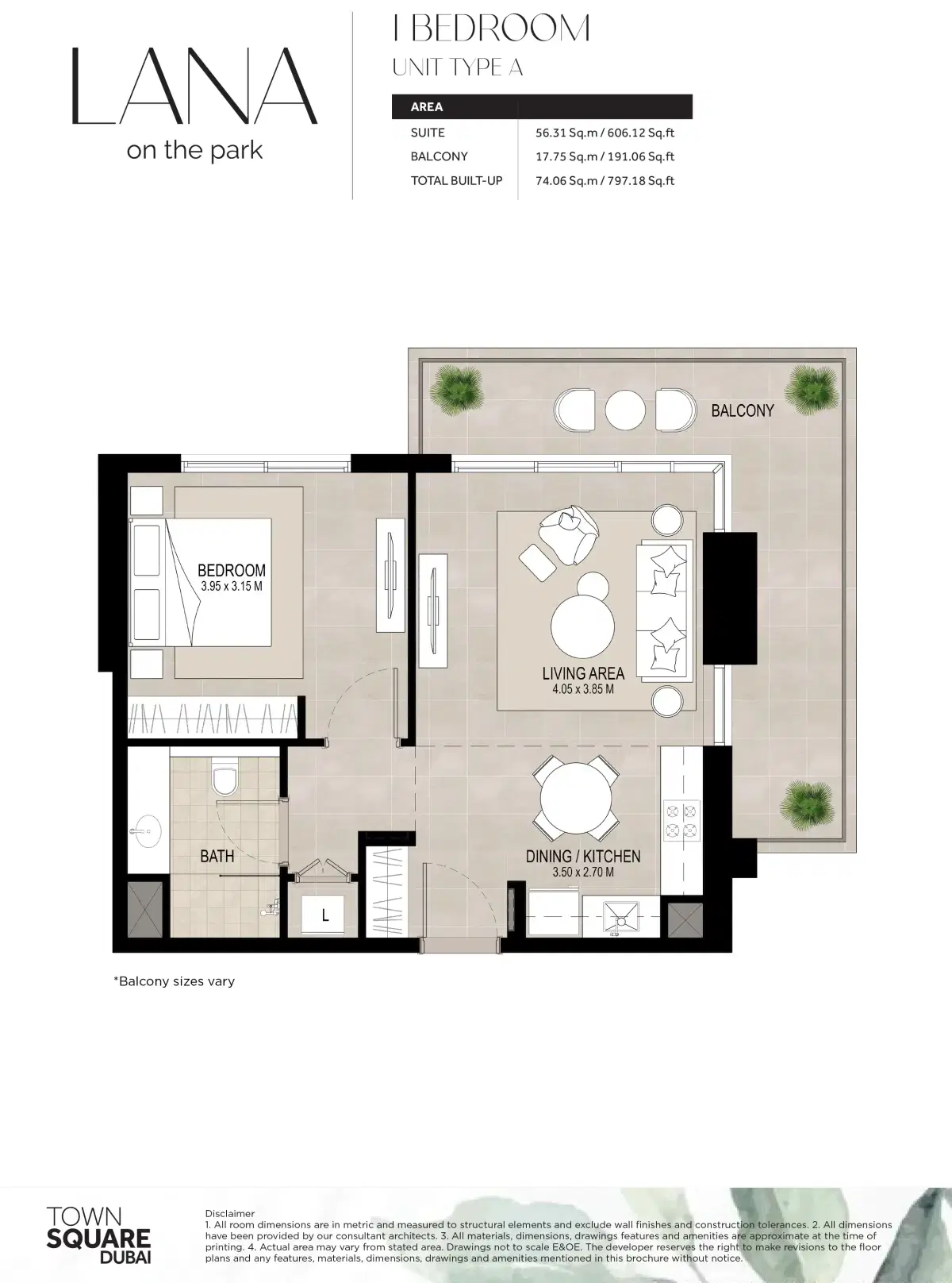 Lana On The Park Town Square Dubai 1 Bedroom Apartments Floor Plan