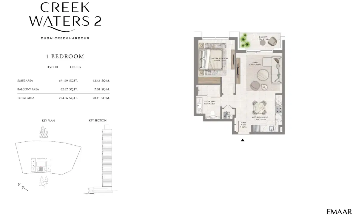 EMAAR Creek Waters 2 Dubai 1 BR Floor Plan 754 Sq. Ft.