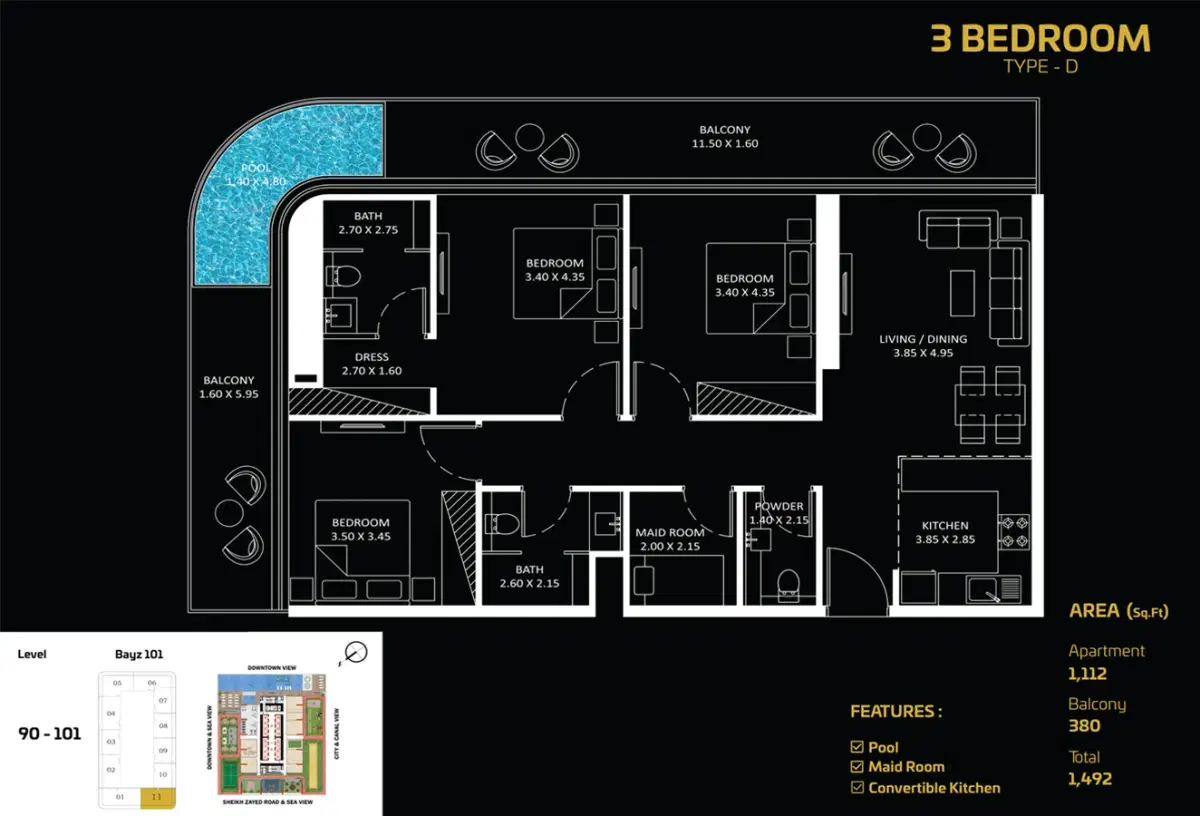 Danube Bayz 101 Business Bay 3 Bedroom Apartments Floor Plan