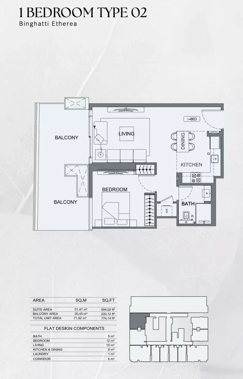 Binghatti Etherea 1 BR Floor Plan 774 Sq. Ft.