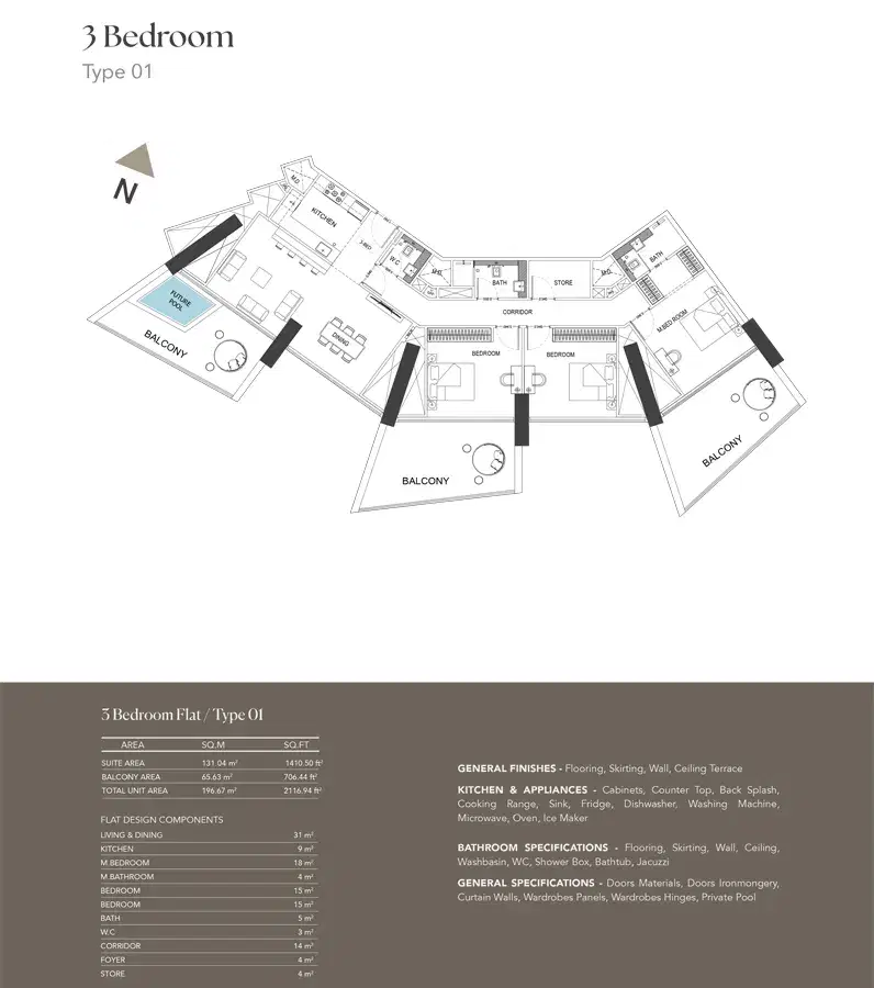 Binghatti Phantom Dubai 3 BR Floor Plan 2,116 Sq. Ft.