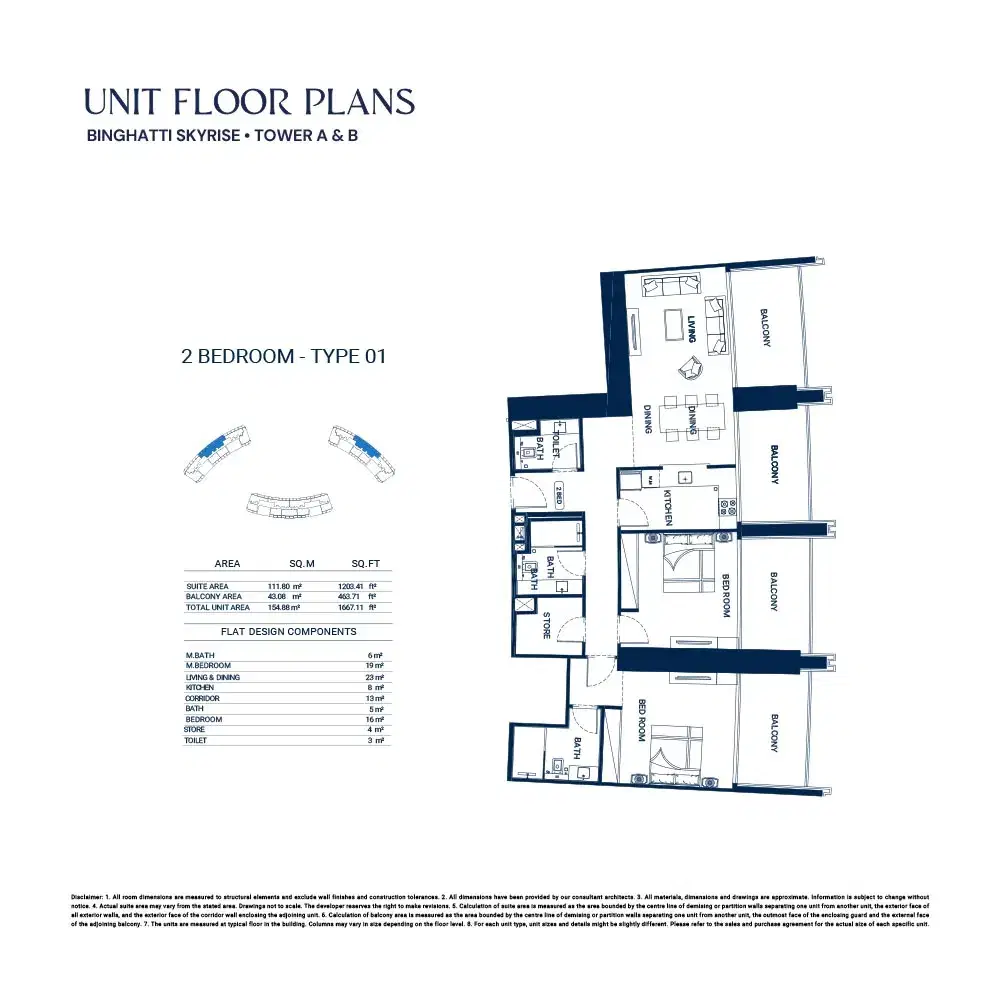 Binghatti Skyrise 2 BR Floor Plan 1,667 Sq. Ft.