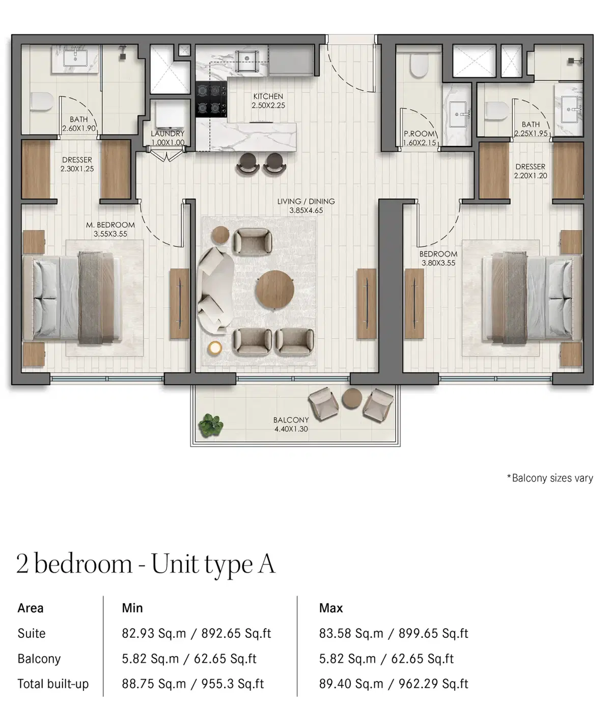 Nshama Belmont At Town Square Dubai 2 BR Apartment Floor Plan