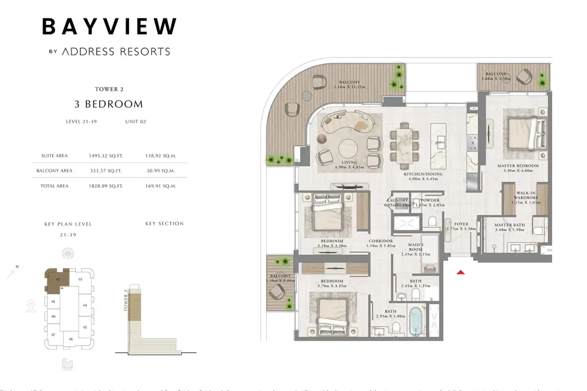 Emaar Bayview By Address Resorts 2 3 BR Apartment Floor Plan