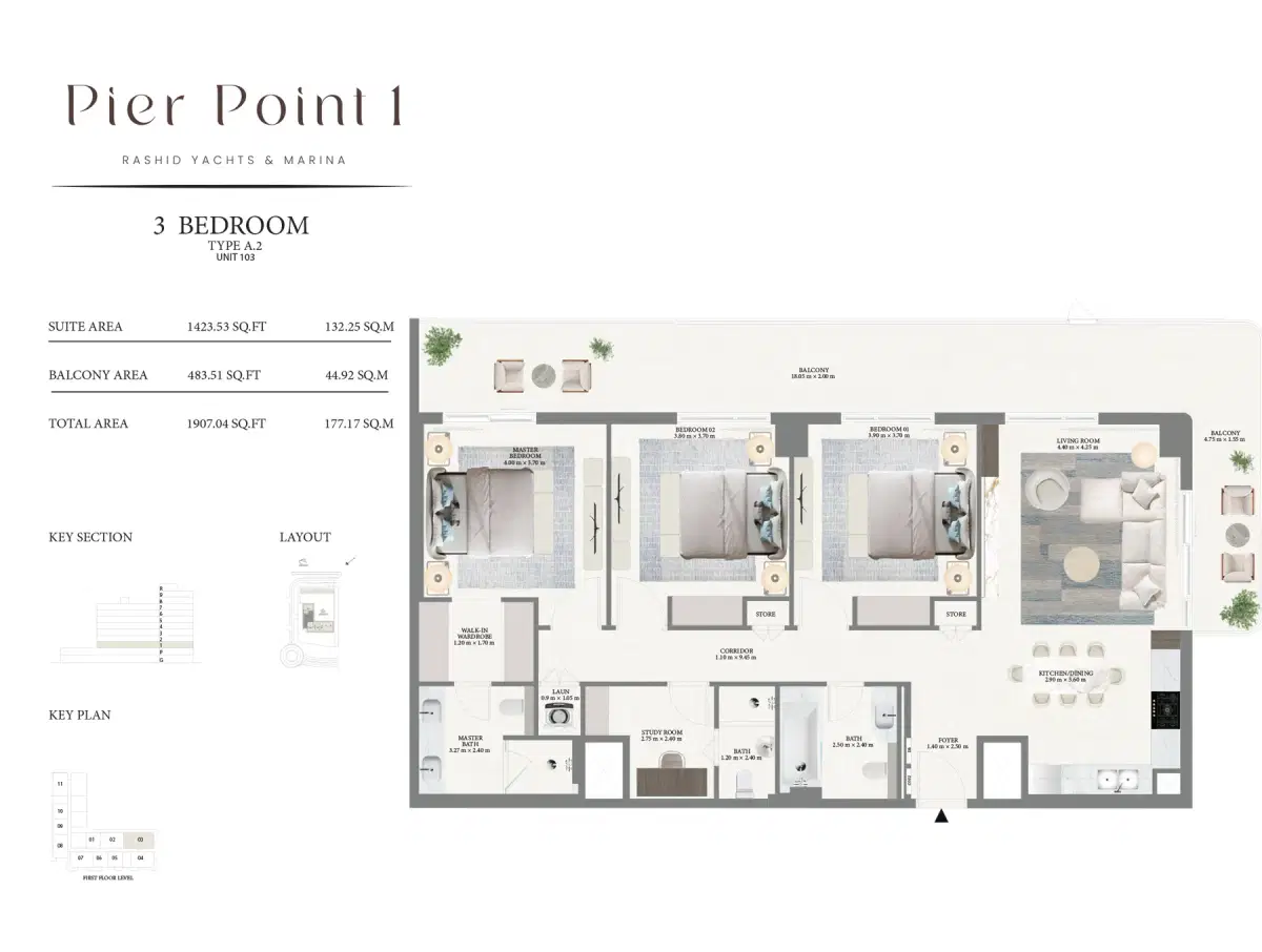 Emaar Pier Point Dubai 3 BR Floor Plan 1,907 Sq. Ft.