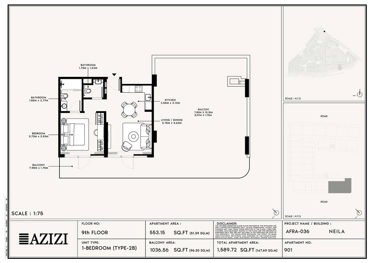 Azizi Neila Al Furjan 1 BR Apartment Floor Plan