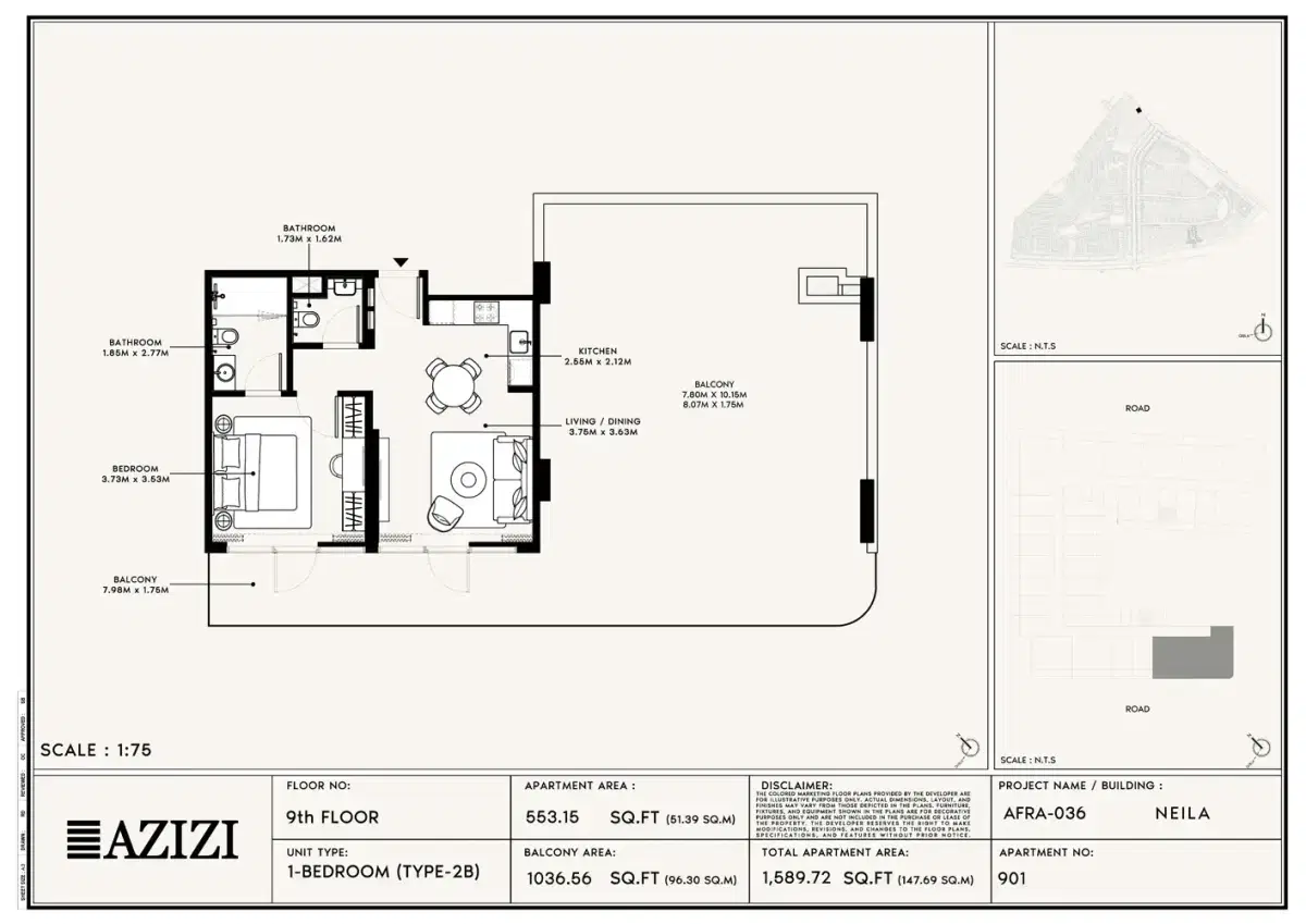Azizi Neila Dubai 1 BR Floor Plan 1,589 Sq. Ft.