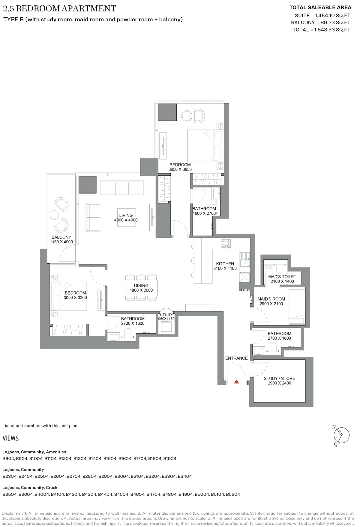 Sobha Skyscape Avenue Dubai 2.5 BR Floor Plan 1,543 Sq. Ft.