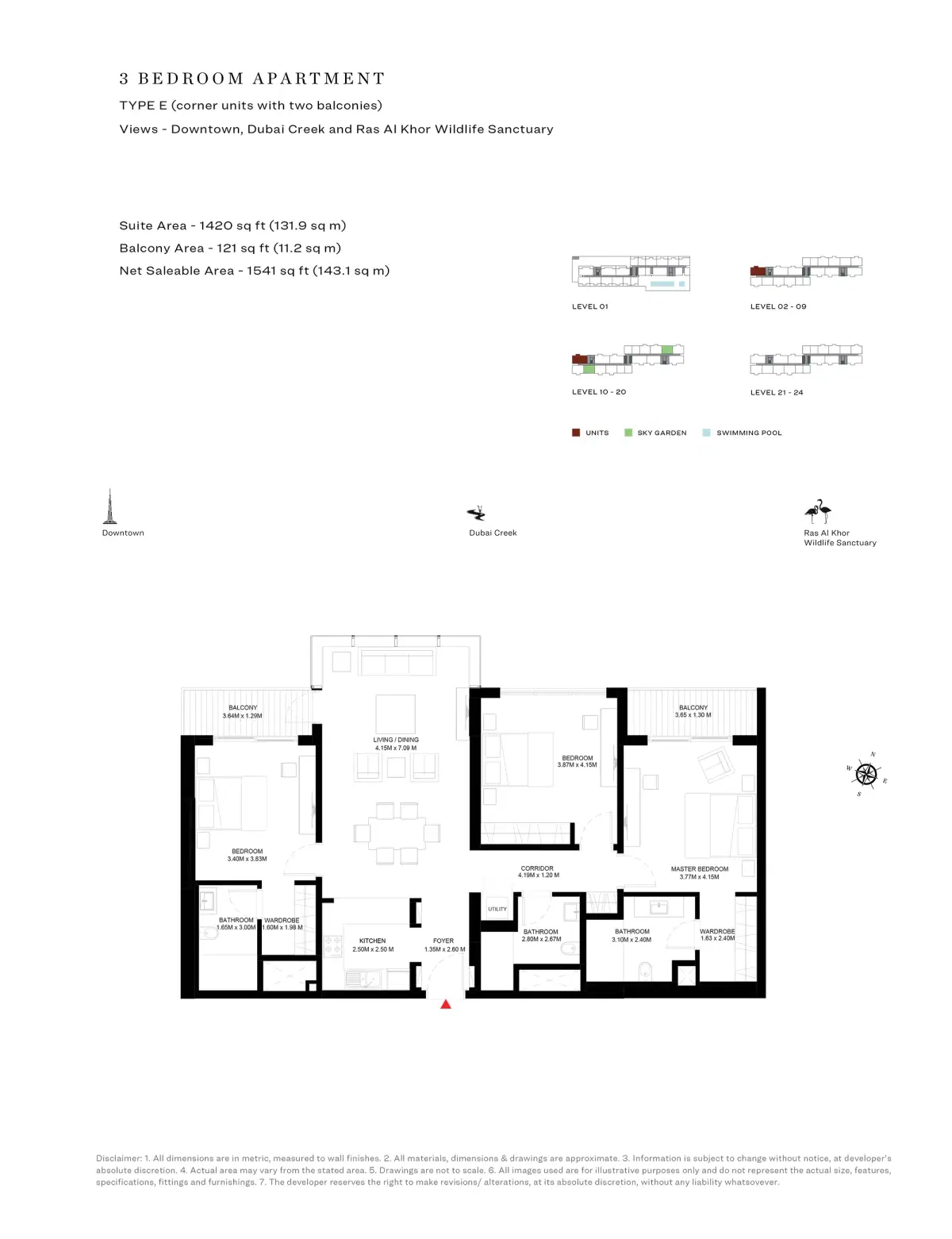 SOBHA One Park Avenue Dubai 3 BR Floor Plan 1,541 Sq. Ft.