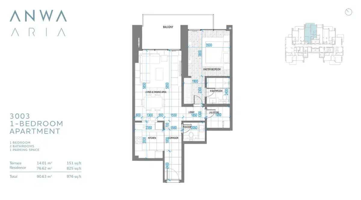 Anwa Aria Dubai 1 BR Floor Plan 976 Sq. Ft.