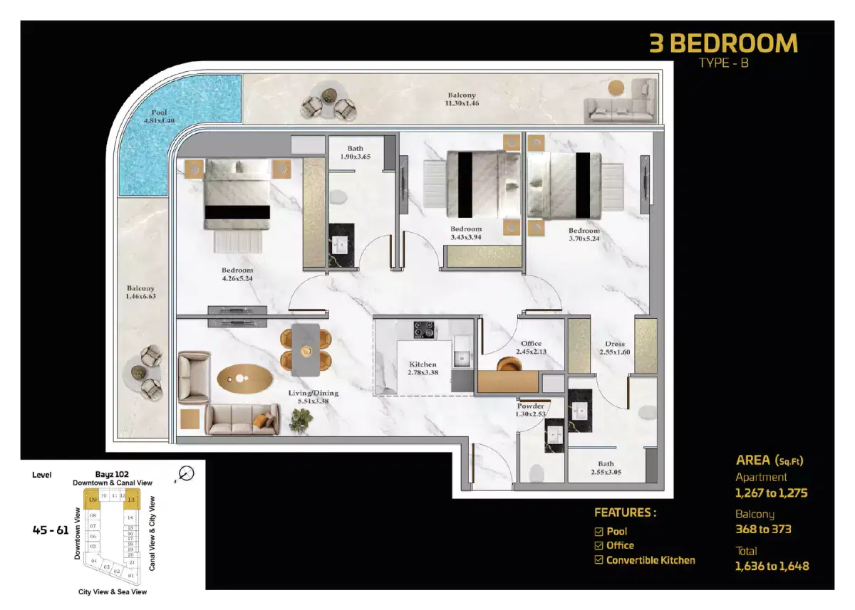 Danube Bayz 102 In Business Bay Dubai 3 Bedroom Apartments Floor Plan