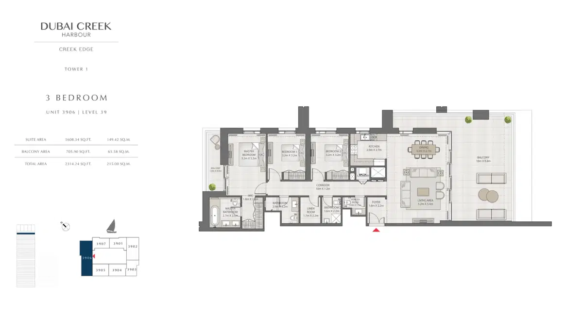 EMAAR Creek Edge Dubai 3 BR Floor Plan 2,314 Sq. Ft.