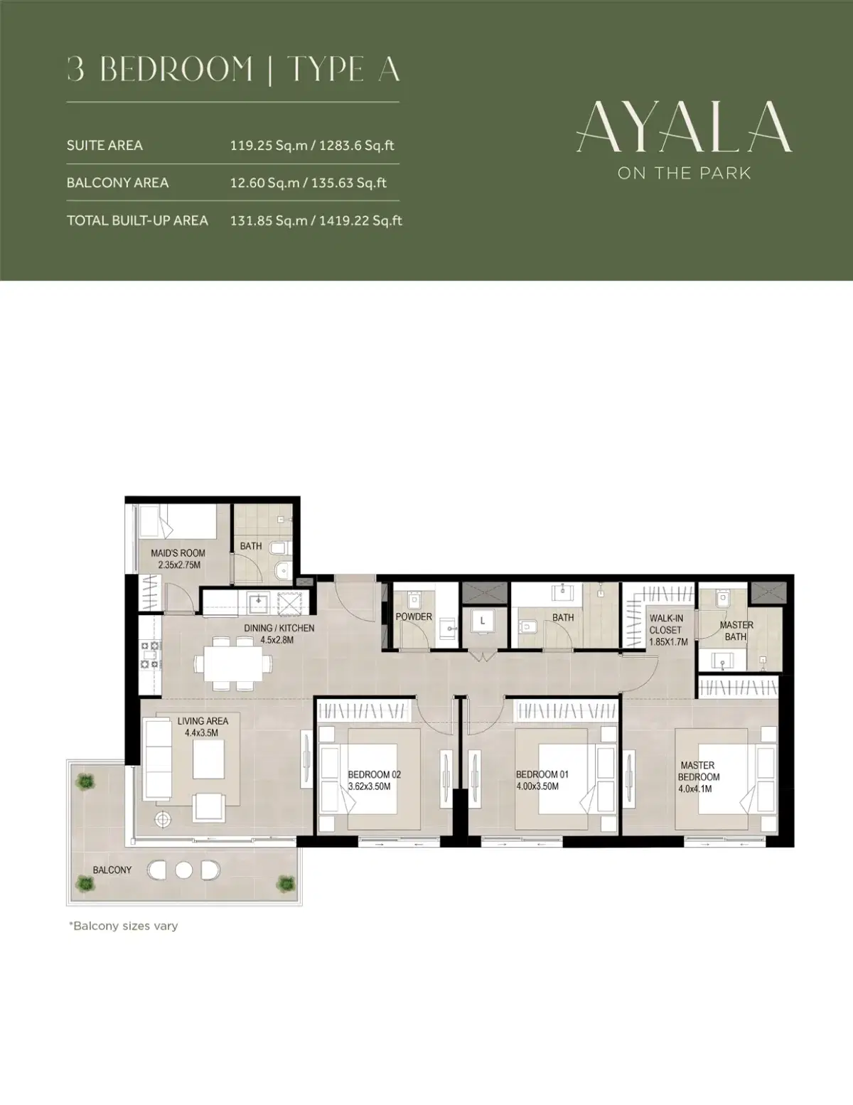 NSHAMA Ayala on the Park Dubai 3 BR Floor Plan 1,419 Sq. Ft.