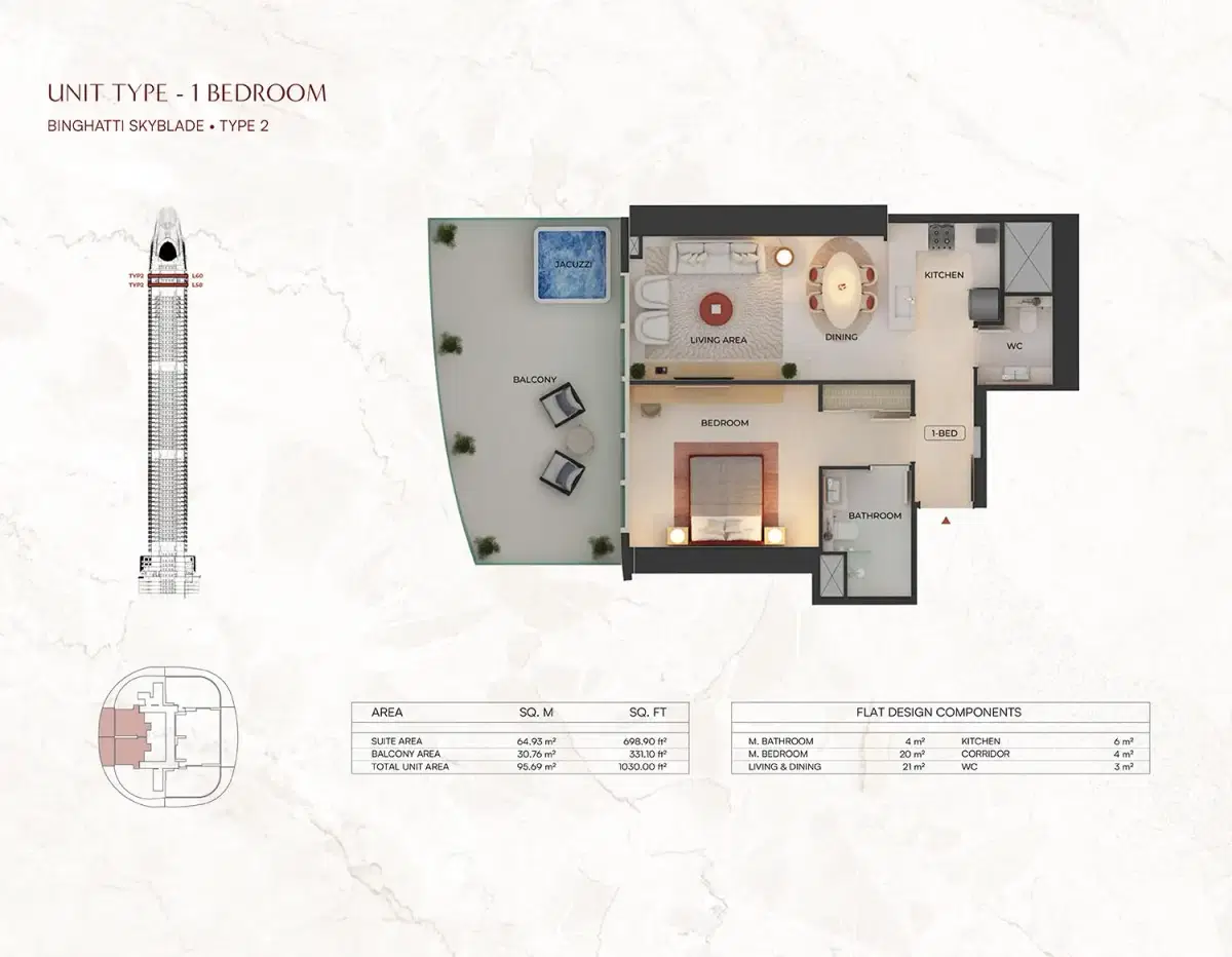 Skyblade at Downtown Dubai 1 BR Floor Plan 1,030 Sq. Ft.
