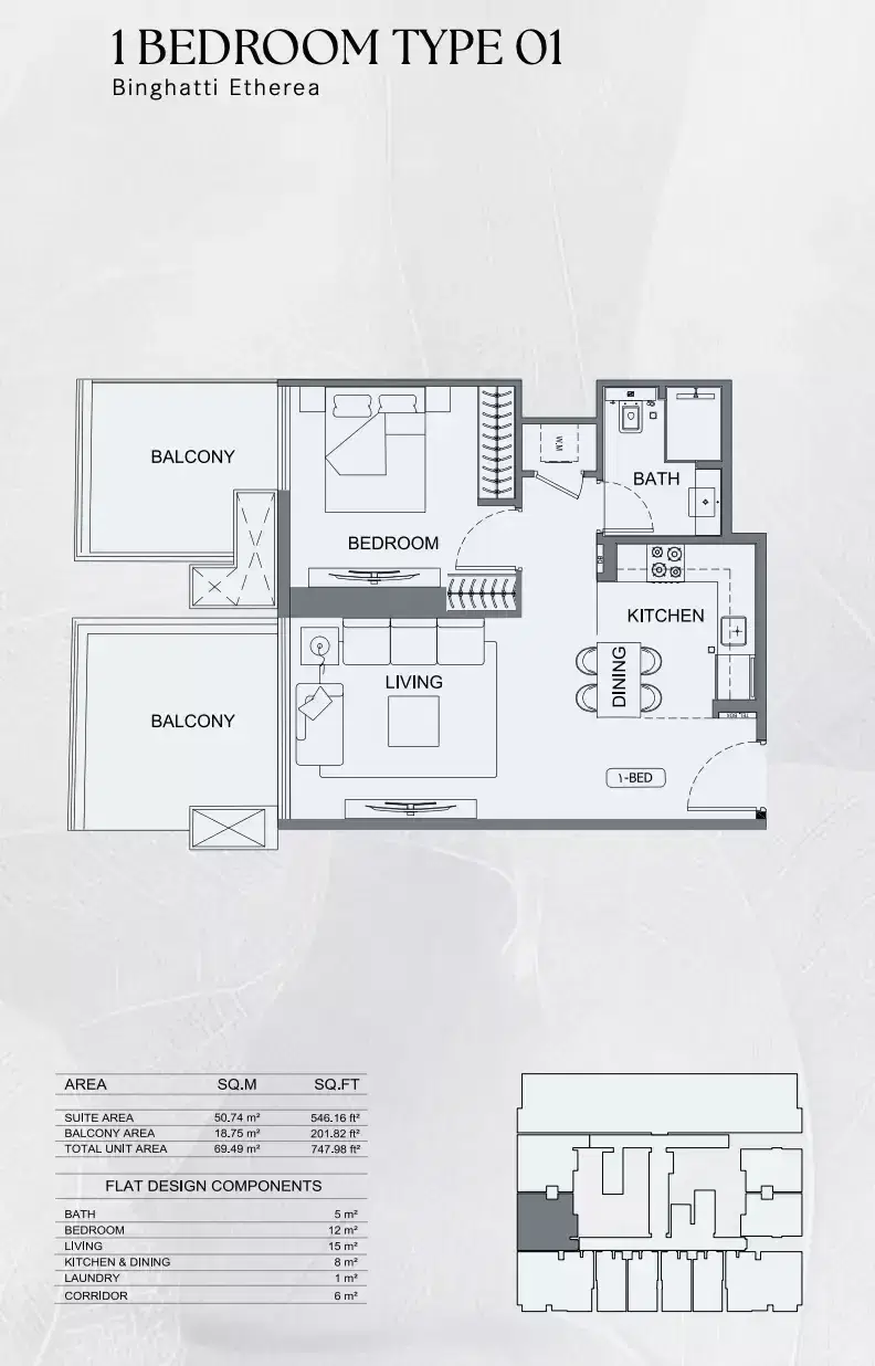 Binghatti Etherea 1 BR Floor Plan 747 Sq. Ft.