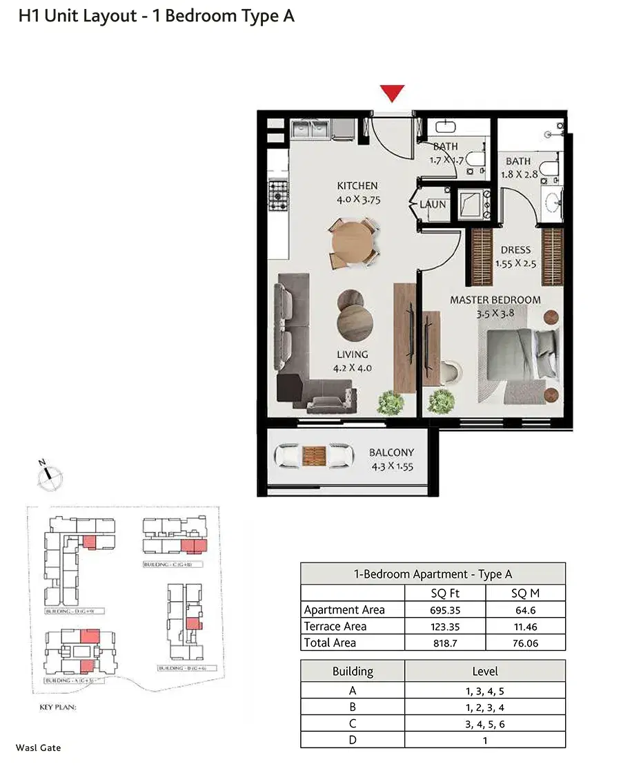 Hillside Residences at Wasl Gate 1 BR Apartment Floor Plan