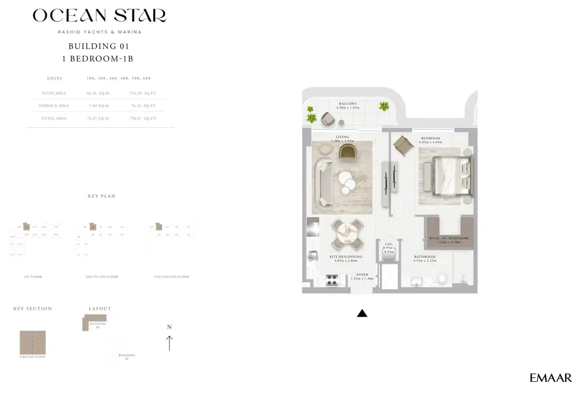 Emaar Ocean Star Dubai 1 BR Floor Plan 790 Sq. Ft.
