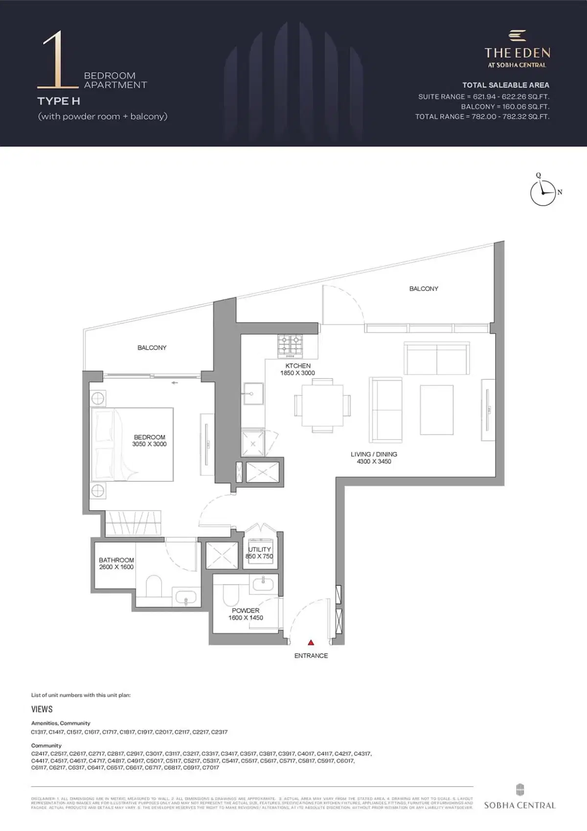 The Eden at Sobha Central 1 BR Floor Plan 782 Sq. Ft.