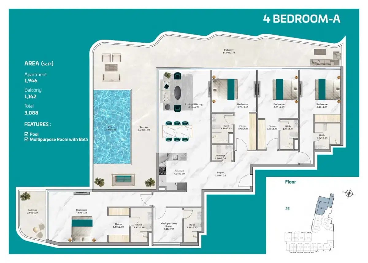 Breez By Danube Dubai Maritime City 4 BR Apartment Floor Plan