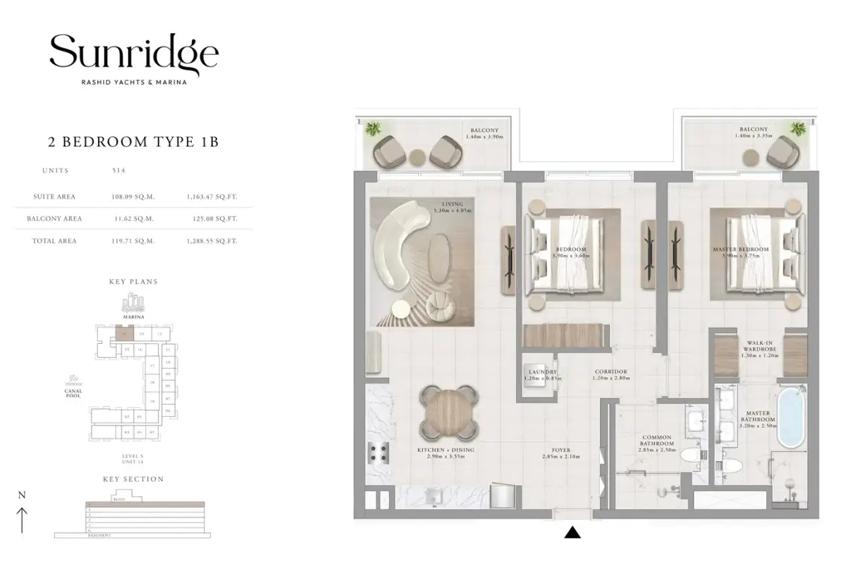 Emaar Sunridge Dubai 2 BR Floor Plan 1,288 Sq. Ft.