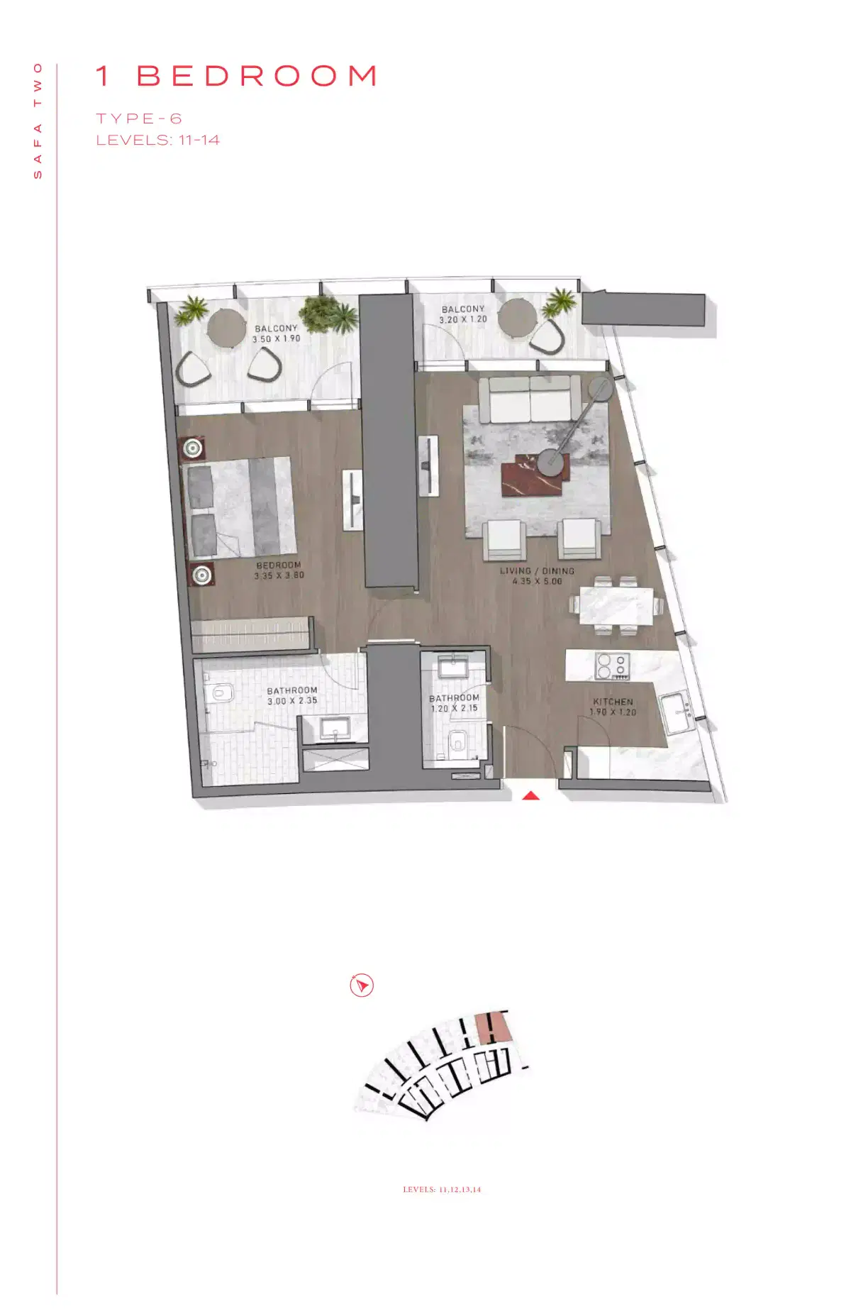 Safa Two 1 BR Apartment Floor Plan
