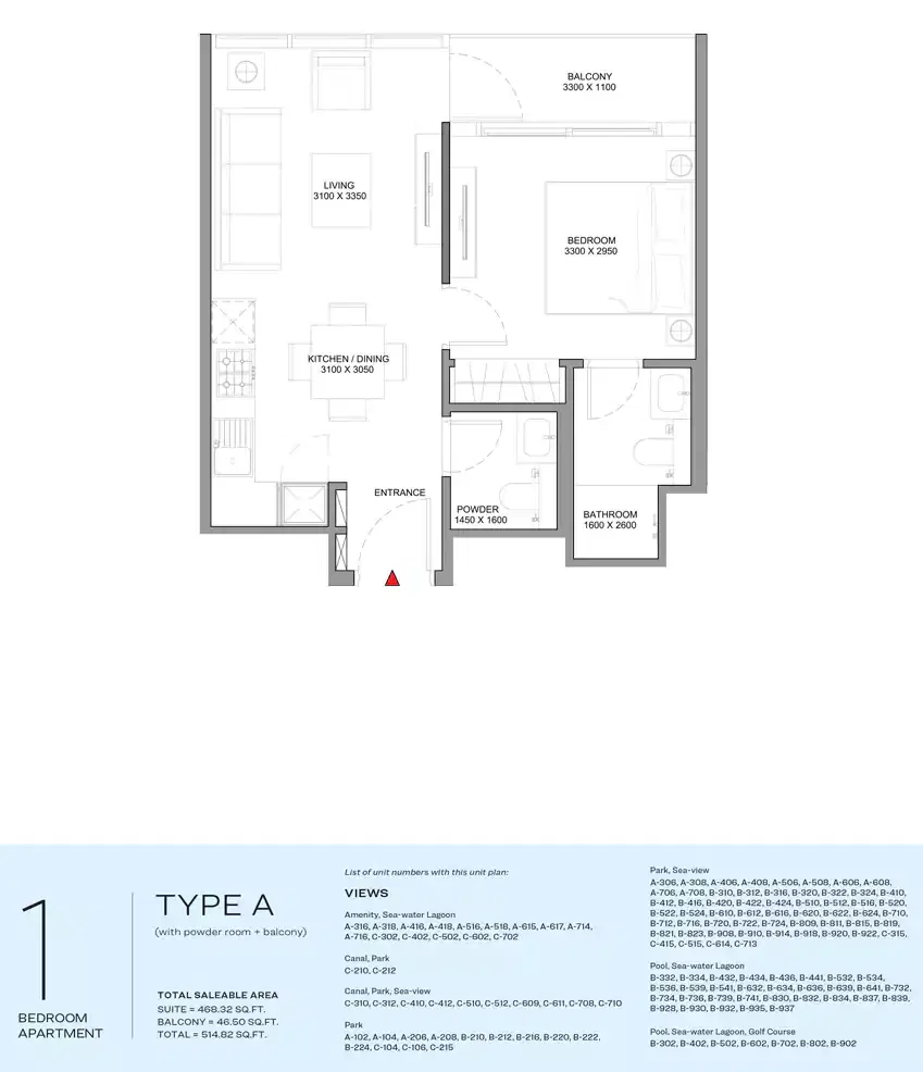 Sobha Delphine Beach Residences On Siniya Island 1 Bedroom Apartments Floor Plan