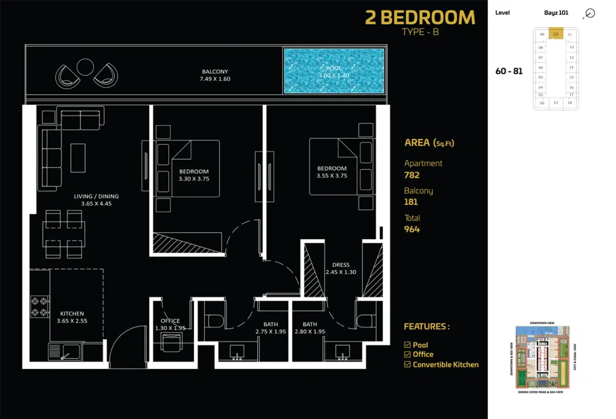 Danube Bayz 101 Business Bay 2 Bedroom Apartments Floor Plan
