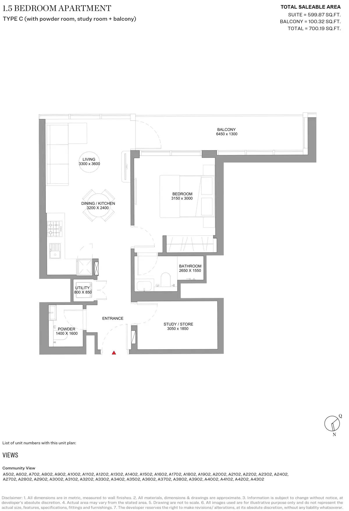 Sobha Solis Dubai 1.5 BR Floor Plan 700 Sq. Ft.