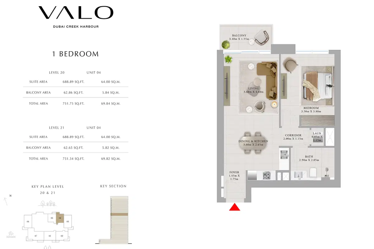 Emaar Valo Dubai Creek Harbour 1 Bedroom Apartments Floor Plan