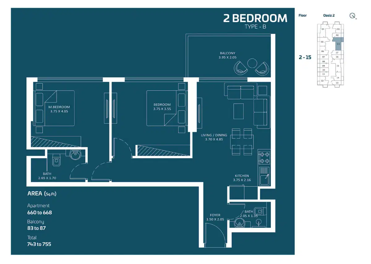 Danube Oasiz 2 At Dubai Silicon Oasis 2 BR Apartments Floor Plan