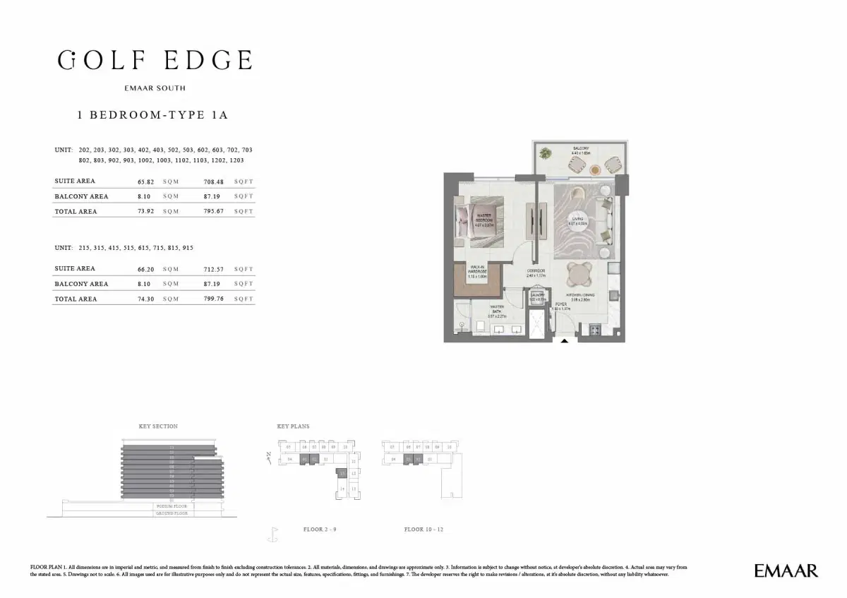 Emaar Golf Edge 1 BR Floor Plan 796 Sq. Ft.