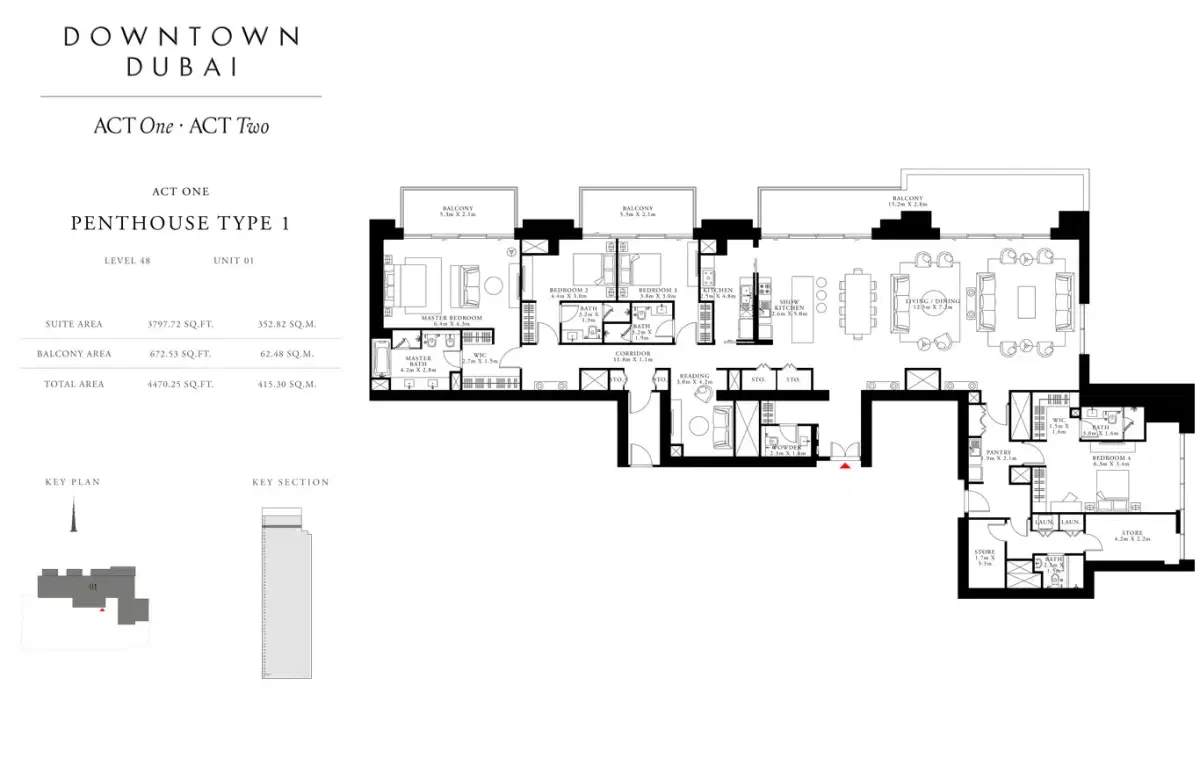 EMAAR Act One Act Two Dubai 4 BR Floor Plan 4,470 Sq. Ft.
