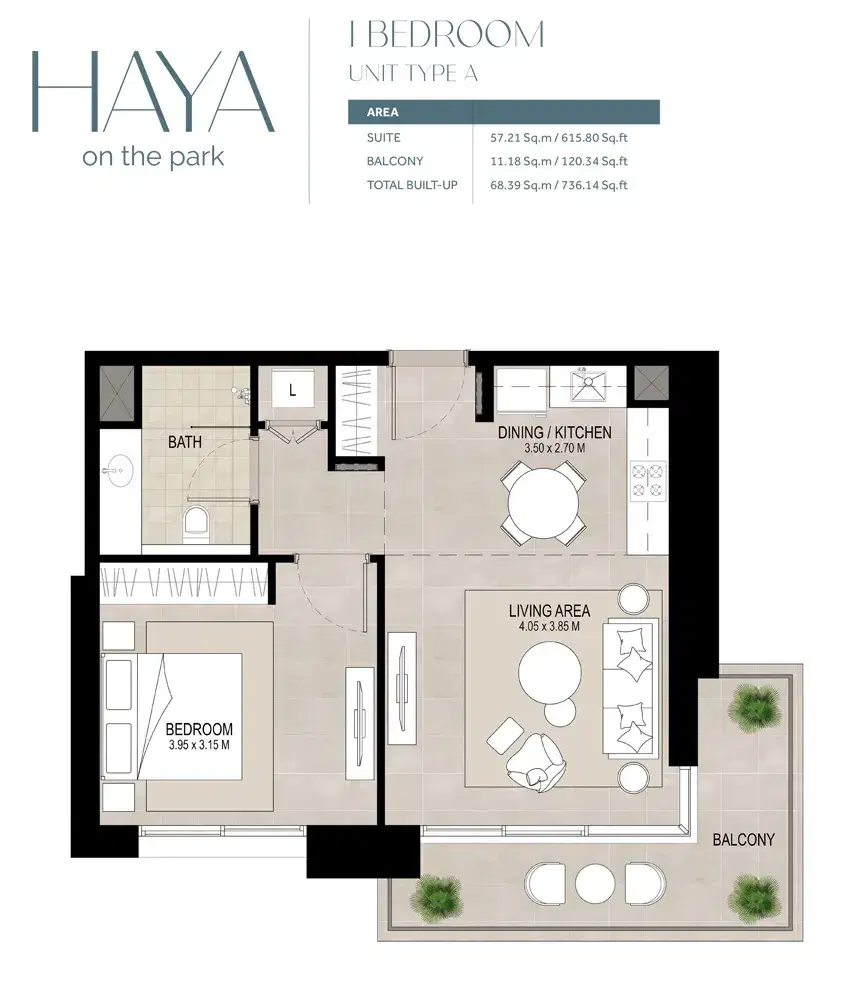 Nshama Haya Dubai 1 BR Floor Plan 736 Sq. Ft.