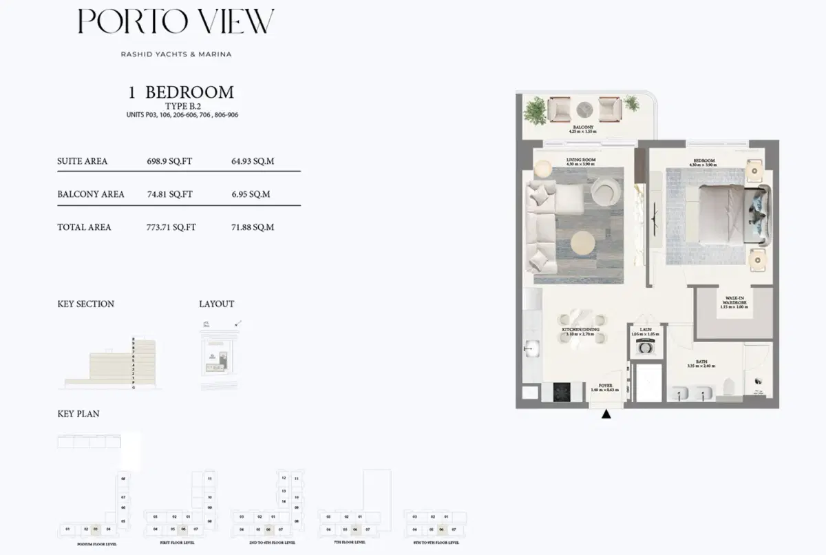 Emaar Porto View  Dubai 1 BR Floor Plan 773 Sq. Ft.