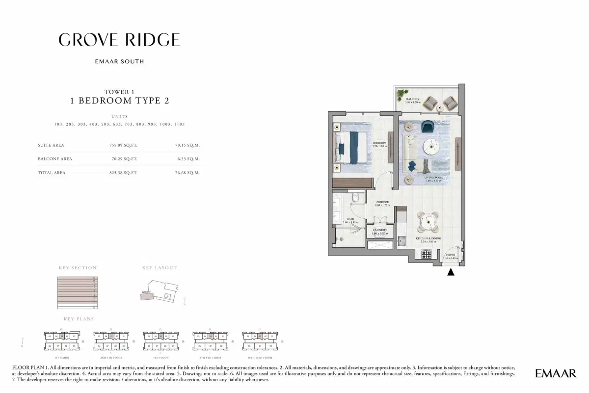 Emaar Grove Ridge At Dubai South 1 BR Apartment Floor Plan