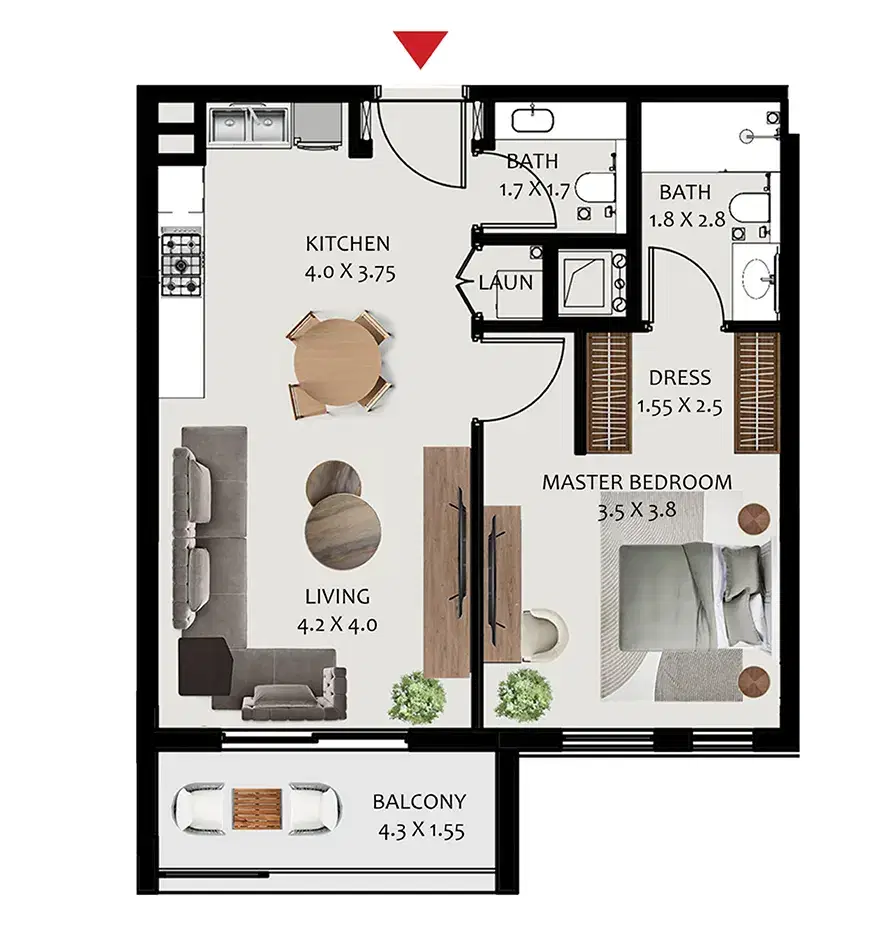 Hillside Residences 3 at Wasl Gate 1 BR Apartment Floor Plan