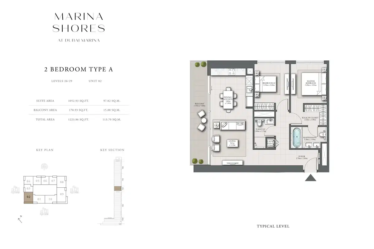 EMAAR Marina Shores Dubai 2 BR Floor Plan 1,223 Sq. Ft.