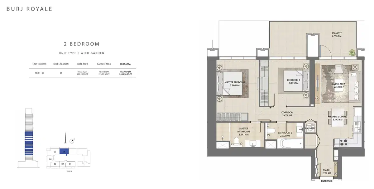 EMAAR Burj Royale Dubai 2 BR Floor Plan 1,108 Sq. Ft.