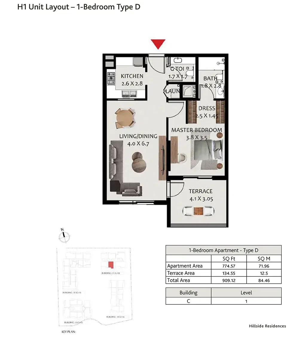 Hillside Residences at Wasl Gate 1 BR Apartment Floor Plan