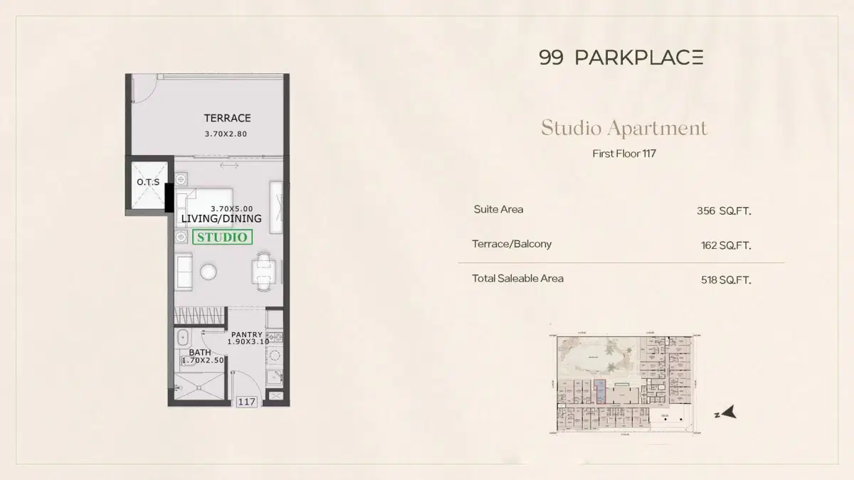 99 Park Place Dubai Studios Floor Plan 518 Sq. Ft.