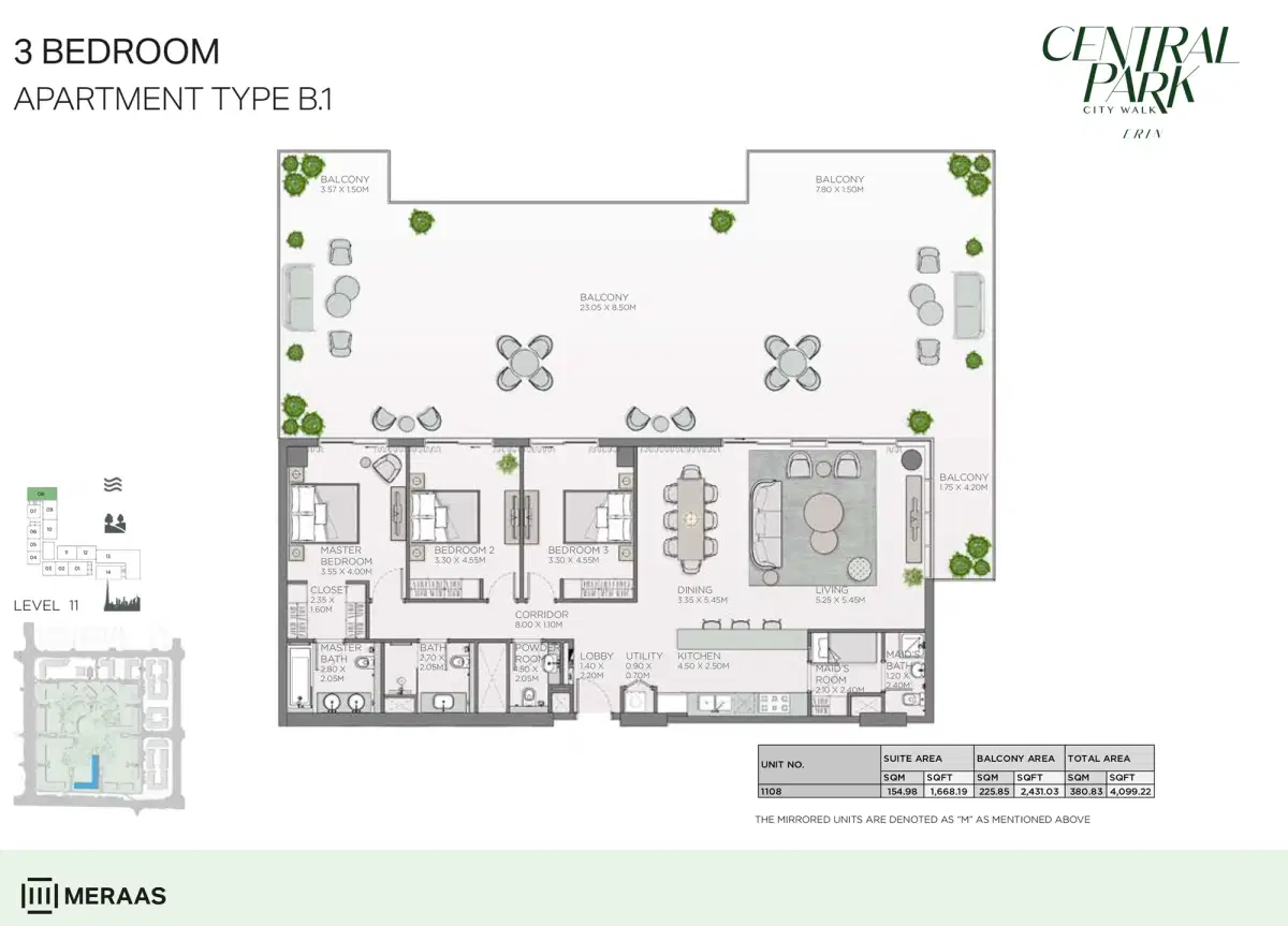 Erin Central Park Dubai 3 BR Floor Plan 4,099 Sq. Ft.