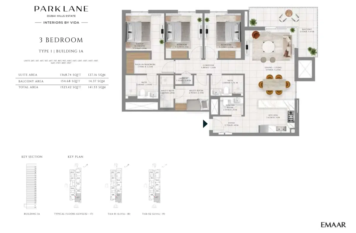 Emaar Park Lane Dubai 3 BR Floor Plan 1,523 Sq. Ft.