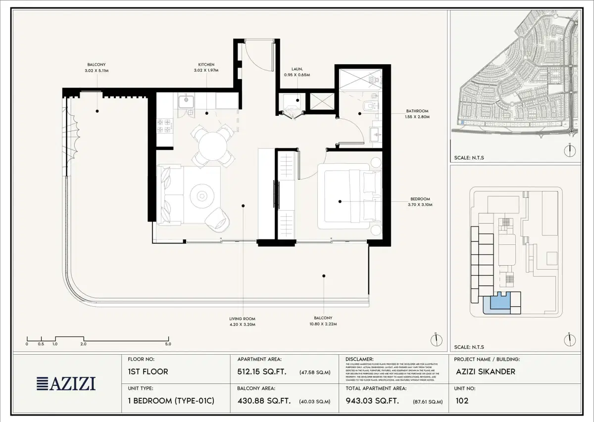  Azizi Sikander at Al Furjan Dubai 1 BR Floor Plan 943 Sq. Ft.