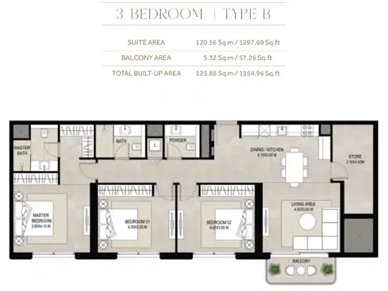 NSHAMA Symphony Dubai 3 BR Floor Plan 1,354 Sq. Ft.