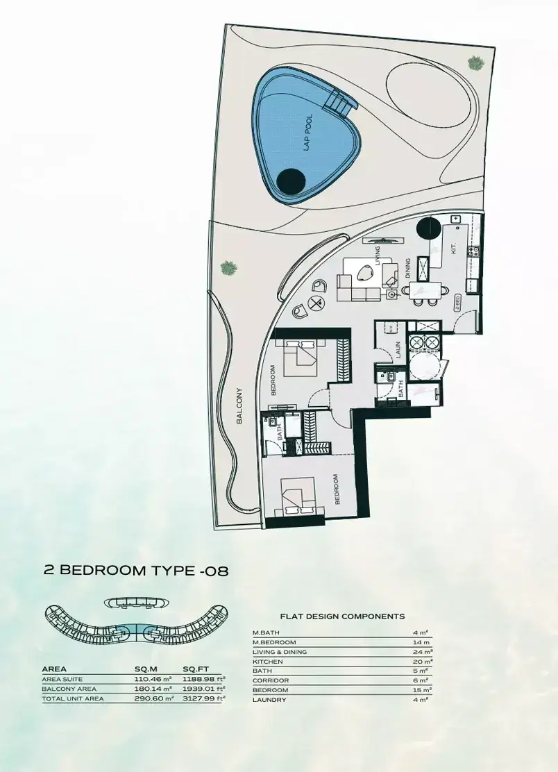 Binghatti Aquarise at Business Bay Dubai 2 BR Floor Plan 3,127 Sq. Ft.