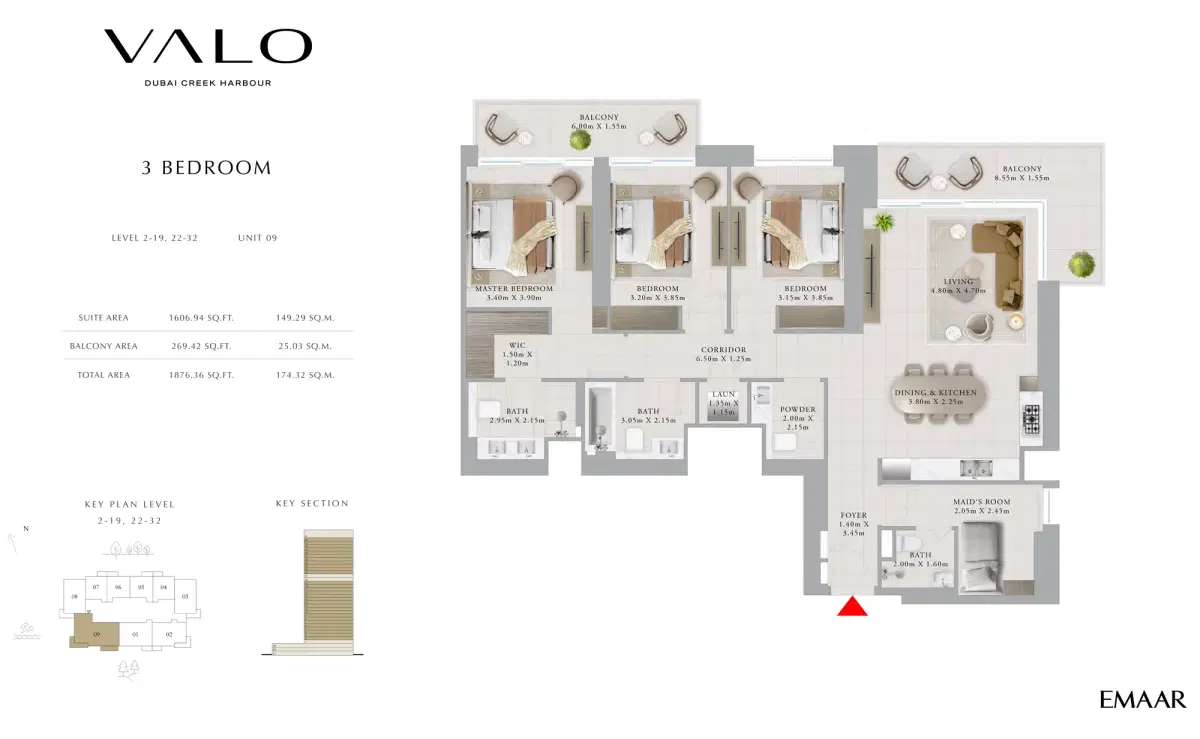Emaar Valo Dubai 3 BR Apartment Floor Plan 1,876 Sq. Ft.