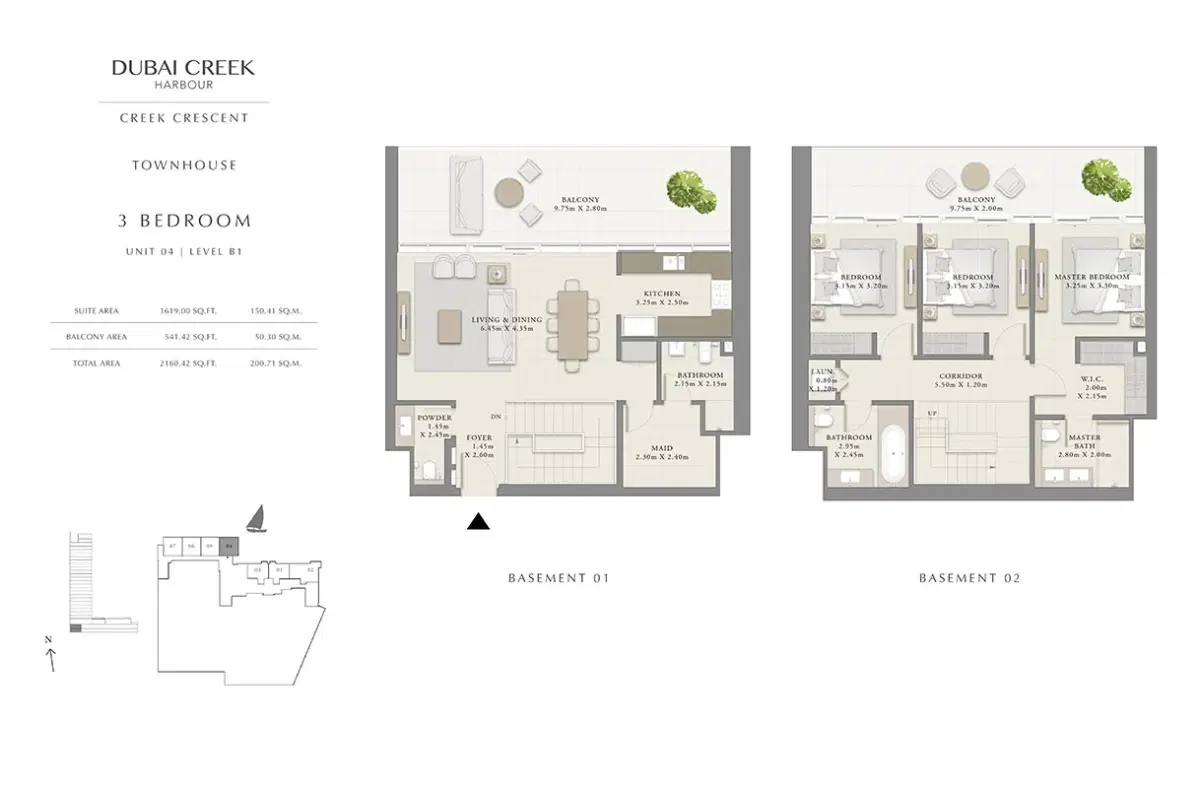 EMAAR Creek Crescent Dubai 3 BR Floor Plan 2,160 Sq. Ft.