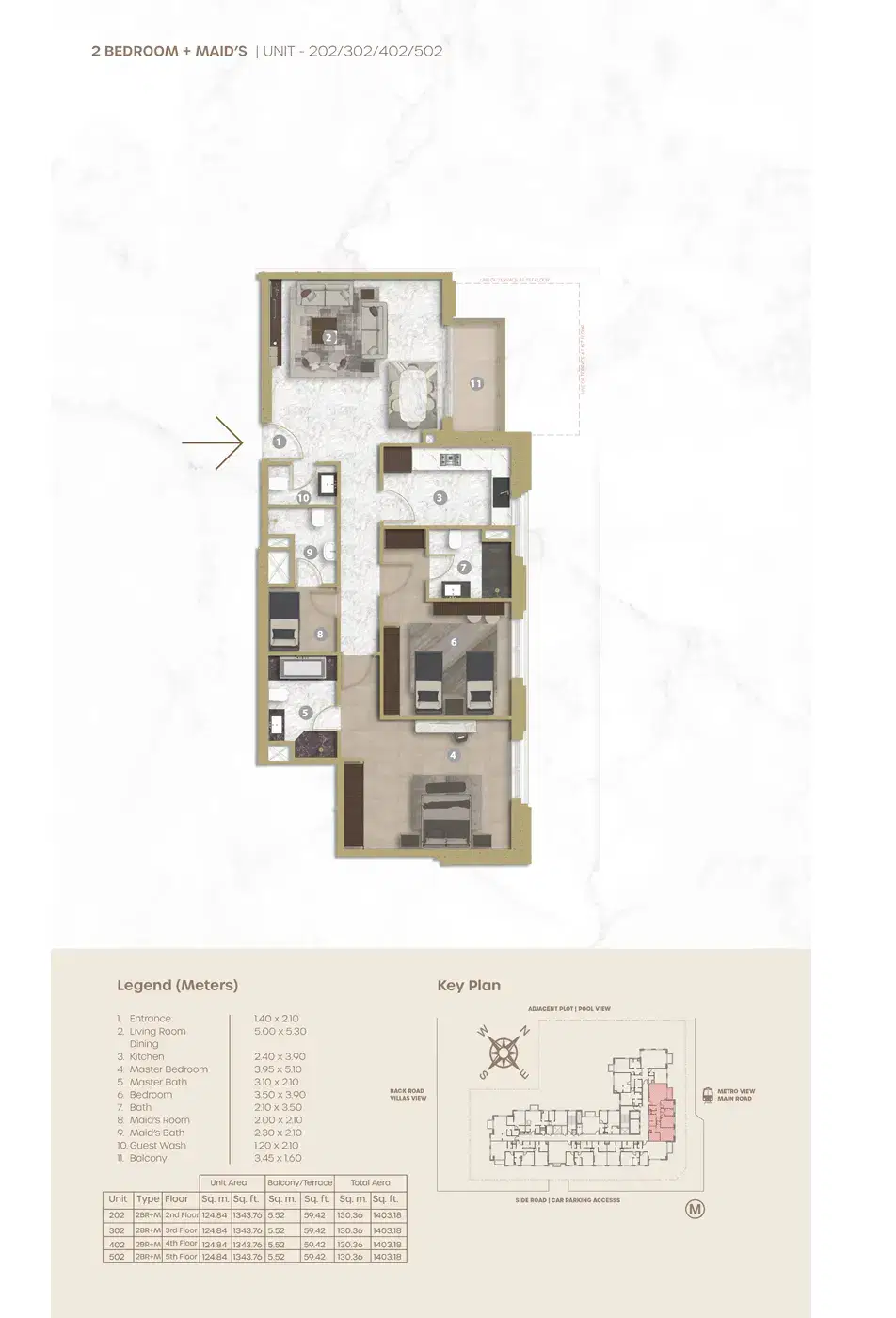 Avenue Residence 5 Dubai 2 BR Floor Plan 1,403 Sq. Ft.
